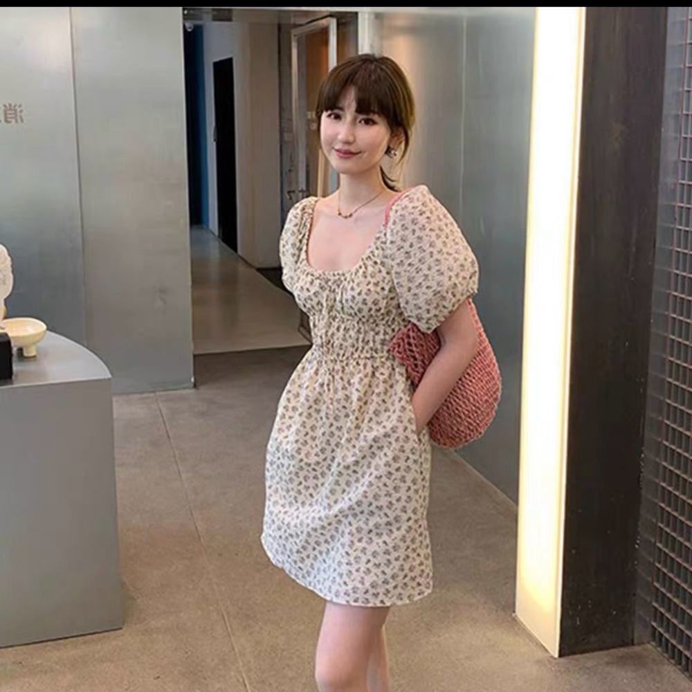 Floral Puff Sleeve Square Neck Mini Dress in Cream